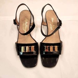 Slightly used great condition black patent leather low heel sling back
